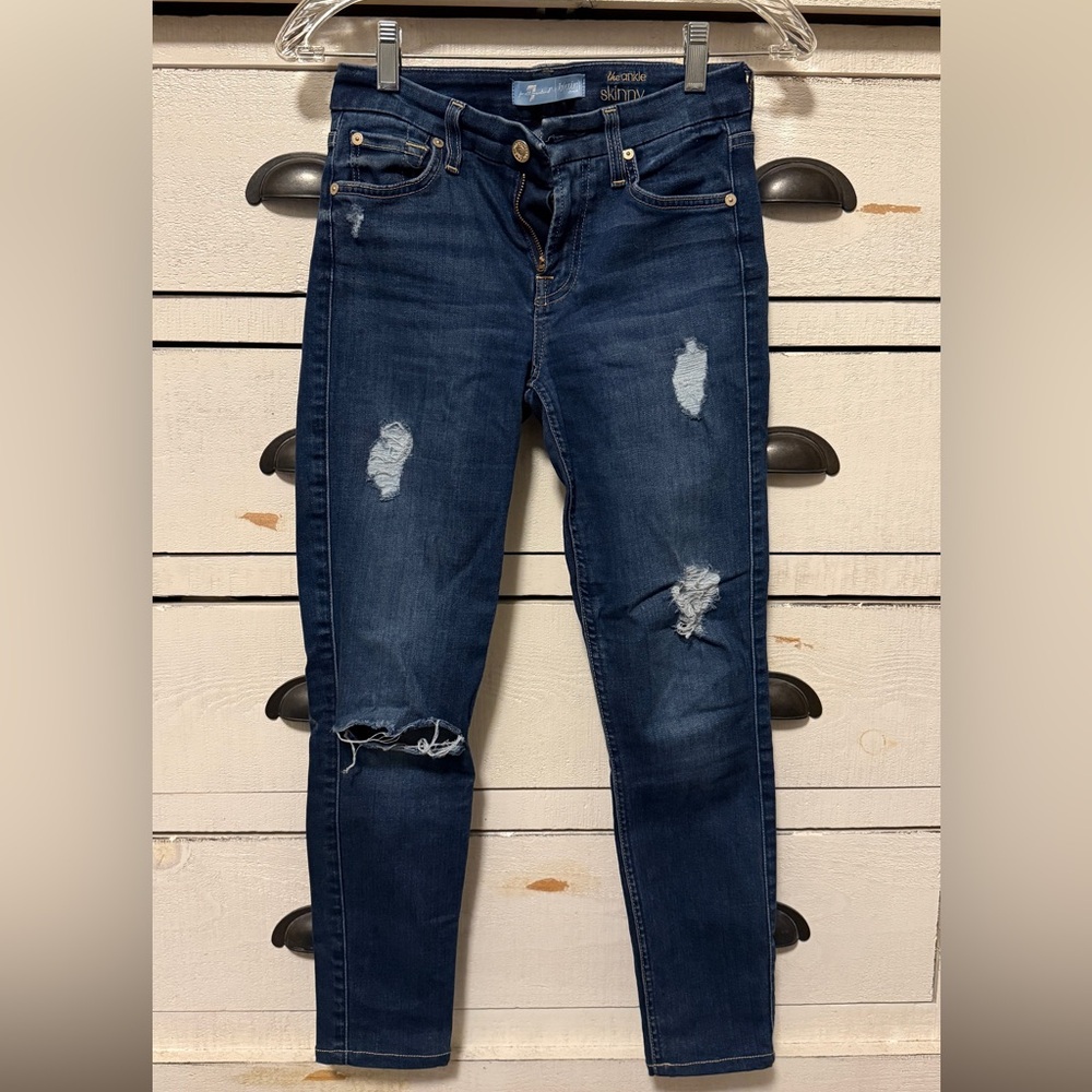 7 for all mankind 7FAM Dark Blue Distressed b(air) ankle Skinny Jeans